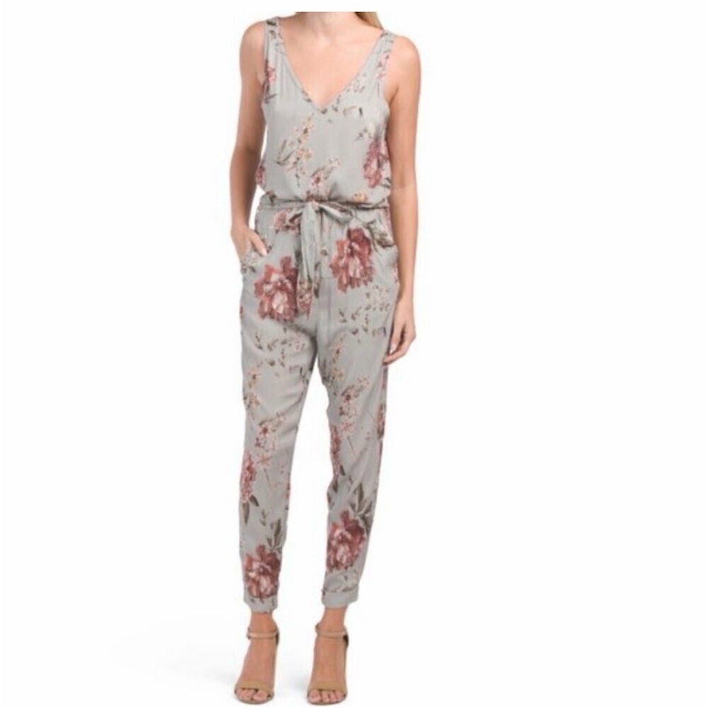 Chaser Sage Floral Sleeveless Tie-Waist Jumpsuit